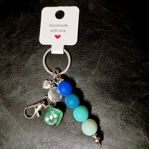 Handmade Beaded Keychain with Blue and Green Accents
